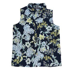 Karl Lagerfeld Paris Blue Floral Print Sleeveless Button Up Tank Top Blouse Sz S